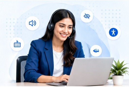 Accessible Era support specialist helping a visitor from a laptop