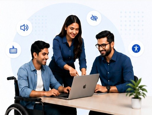 Inclusive accessibility team working together at a laptop